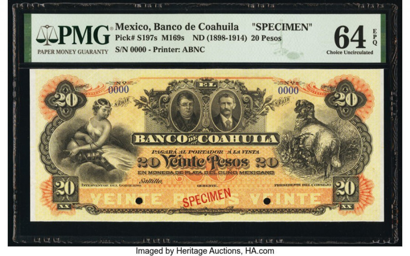 Mexico Banco De Coahuila 20 Pesos ND (1898-1914) Pick S197s M169s Specimen PMG C...