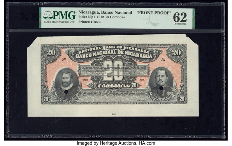 Nicaragua Banco Nacional 20 Cordobas 20.3.1912 Pick 59p1 Front Proof PMG Uncircu...