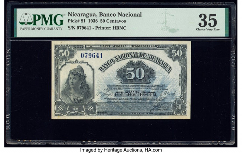 Nicaragua Banco Nacional 50 Centavos 1938 Pick 81 PMG Choice Very Fine 35. Minor...