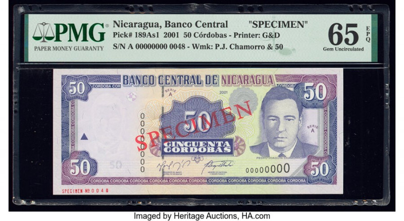 Nicaragua Banco Central 50 Cordobas 2001 Pick 189As1 Specimen PMG Gem Uncirculat...