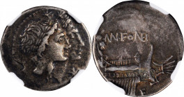 ROMAN REPUBLIC

ROMAN REPUBLIC. Mn. Fonteius. AR Denarius, Rome Mint, 108-107 B.C. NGC VF. Banker's Mark.

Cr-307/1b; Syd-566. Obverse: Jugate and...