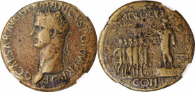 Caligula, A.D. 37-41

First Adlocutio issue

CALIGULA, A.D. 37-41. AE Sestertius (24.46 gms), Rome Mint, A.D. 37-38. NGC Ch FINE, Strike: 5/5 Surf...