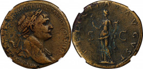 Trajan, A.D. 98-117

TRAJAN, A.D. 98-117. AE Sestertius, Rome Mint, ca. 112/3-114. NGC Ch VF.

RIC-625; Woytek-480b. Obverse: Laureate bust right,...