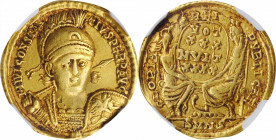 Constantius II, A.D. 337-361

CONSTANTIUS II, A.D. 337-361. AV Solidus (4.45 gms), Nicomedia Mint, 6th Officina, ca. A.D. 351-355. NGC VF, Strike: 5...