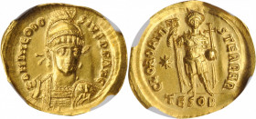 Theodosius II, A.D. 402-450

THEODOSIUS II, A.D. 402-450. AV Solidus (4.31 gms), Thessalonica Mint, A.D. 425-430. NGC Ch AU, Strike: 5/5 Surface: 2/...