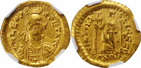 Leo I, A.D. 457-474

LEO I, A.D. 457-474. AV Solidus (4.43 gms), Constantinople Mint, 2nd Officina, A.D. 462 or 466. NGC EF, Strike: 3/5 Surface: 3/...