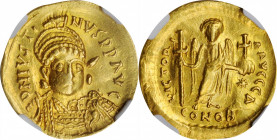 Justin I, 518-527

JUSTIN I, 518-527. AV Solidus (4.38 gms), Constantinople Mint, 4th Officina, 519-527. NGC EF, Strike: 5/5 Surface: 2/5. Bent, Scr...