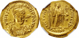 Justinian I, 527-565

JUSTINIAN I, 527-565. AV Solidus (4.47 gms), Constantinople Mint, 4th Officina, 527-538. NGC AU, Strike: 4/5 Surface: 2/5. Wav...