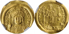 Justinian I, 527-565

JUSTINIAN I, 527-565. AV Solidus (4.51 gms), Constantinople Mint, 6th Officina, 542-565. NGC AU, Strike: 5/5 Surface: 2/5. Bru...