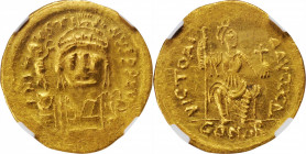 Justin II, 565-578

JUSTIN II, 565-578. AV Solidus (4.43 gms), Constantinople Mint, 4th Officina, 567-578. NGC Ch AU, Strike: 3/5 Surface: 2/5. Brus...