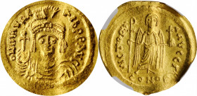 Maurice Tiberius, 582-602

MAURICE TIBERIUS, 582-602. AV Solidus (4.55 gms), Constantinople Mint, 3rd Officina, 583/4-602. NGC Ch AU, Strike: 5/5 Su...