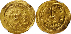 Heraclius, 610-641

HERACLIUS with HERALCIUS CONSTANTINE, 610-641. AV Solidus (4.43 gms), Constantinople Mint, 5th Officina, 613-616. NGC MS, Strike...