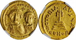 Heraclius, 610-641

HERACLIUS with HERACLIUS CONSTANTINE, 610-641. AV Solidus (4.46 gms), Constantinople Mint, 1st Officina, ca. 626-629. NGC Ch EF,...