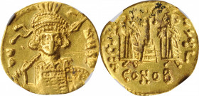 Constantine IV, 668-685

CONSTANTINE IV with HERACLIUS & TIBERIUS, 668-685. AV Solidus (4.28 gms), Constantinople Mint, 3rd Officina, 674-681. NGC A...