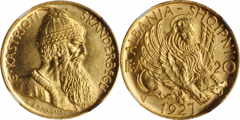 ALBANIA

ALBANIA. 20 Franga Ari, 1927-V. Vienna Mint. NGC MS-64.

Fr-6; KM-1...