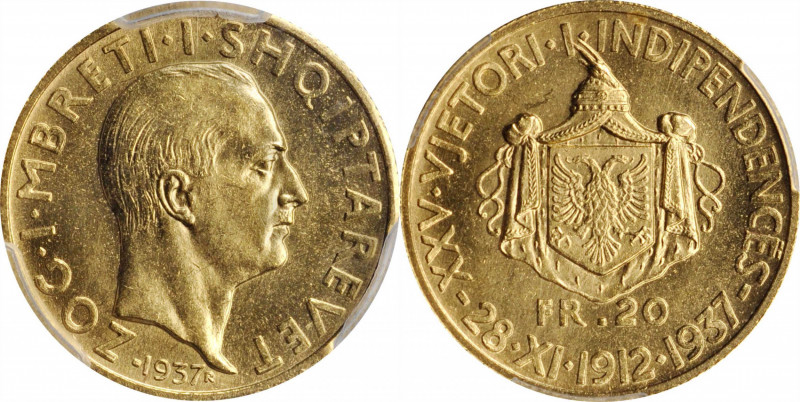 ALBANIA

ALBANIA. 20 Franga Ari, 1937-R. Rome Mint. PCGS MS-64 Gold Shield.
...