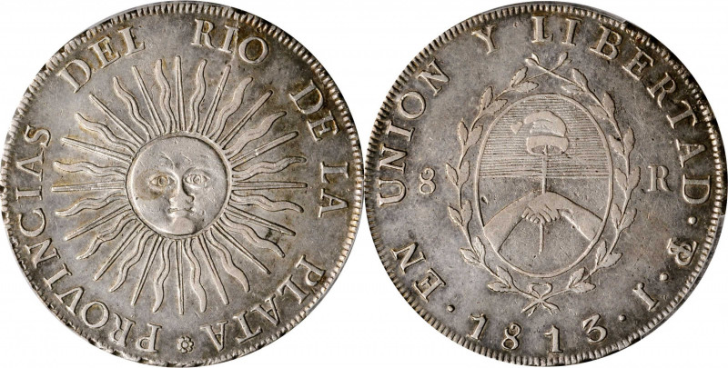 ARGENTINA

ARGENTINA. 8 Reales, 1813-PTS J. Potosi Mint. PCGS EF-40 Gold Shiel...