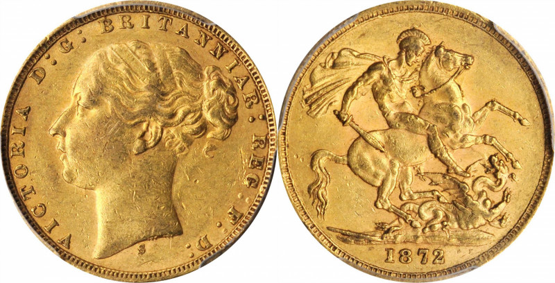 AUSTRALIA

AUSTRALIA. Sovereign, 1872-S. Sydney Mint. Victoria. PCGS AU-58 Gol...