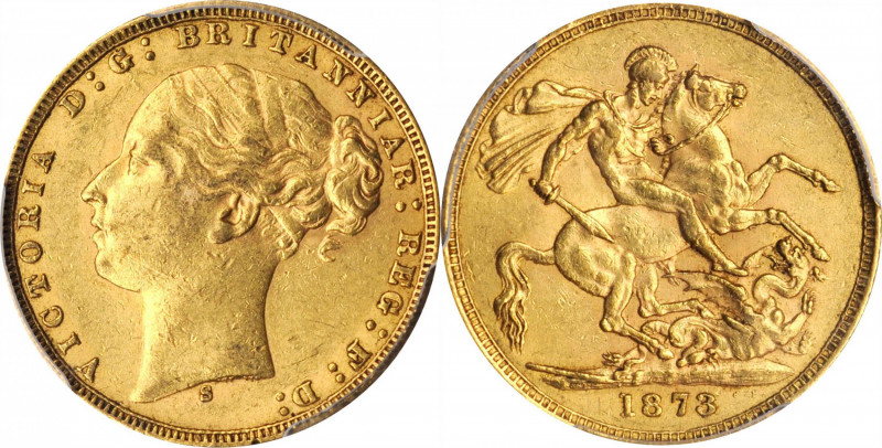 AUSTRALIA

AUSTRALIA. Sovereign, 1873-S. Sydney Mint. Victoria. PCGS AU-58 Gol...