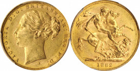 AUSTRALIA

AUSTRALIA. Sovereign, 1882-M. Melbourne Mint. Victoria. PCGS AU-58 Gold Shield.

S-3857B; Fr-16; KM-7. First Head type. Variety with sm...