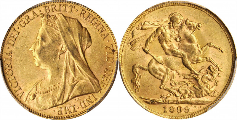 AUSTRALIA

AUSTRALIA. Sovereign, 1899-P. Perth Mint. Victoria. PCGS AU-58 Gold...