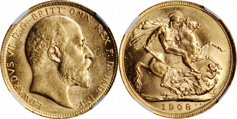 AUSTRALIA

AUSTRALIA. Sovereign, 1908-M. Melbourne Mint. NGC MS-61.

S-3971;...