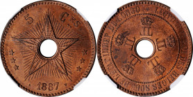 BELGIAN CONGO

BELGIAN CONGO. 5 Centimes, 1887. Brussels Mint. Leopold II. NGC MS-65 Red Brown.

KM-3. An elegant specimen, this dazzling piece pr...
