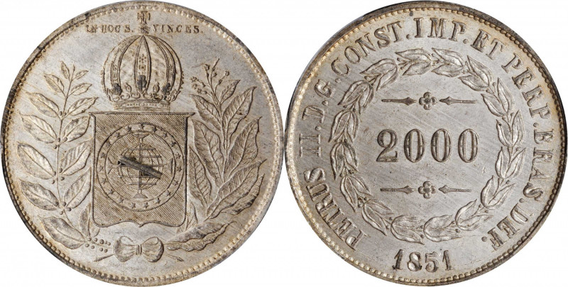 BRAZIL

BRAZIL. 2000 Reis, 1851. Rio de Janeiro Mint. Pedro II. PCGS MS-64+ Go...