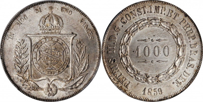 BRAZIL

BRAZIL. 1000 Reis, 1859. Rio de Janeiro Mint. Pedro II. PCGS MS-65 Gol...