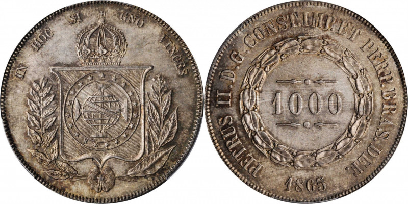 BRAZIL

BRAZIL. 1000 Reis, 1865. Rio de Janeiro Mint. Pedro II. PCGS MS-65 Gol...