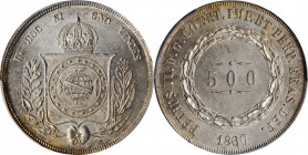 BRAZIL

BRAZIL. 500 Reis, 1860. Rio de Janeiro Mint. Pedro II. PCGS MS-65 Gold Shield.

KM-464. Occupying the top spot in the PCGS census report, ...