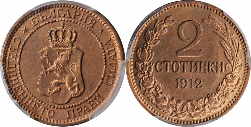 BULGARIA

BULGARIA. 2 Stotinki, 1912. Kremnica Mint. Ferdinand I. PCGS MS-65 R...
