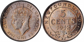 CANADA

CANADA. Newfoundland. 5 Cents, 1942-C. Ottawa Mint. PCGS MS-65.

KM-19. Housed in an older generation green holder, this elegant Gem minor...