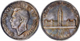 CANADA

CANADA. Dollar, 1939. Ottawa Mint. PCGS SPECIMEN-64 Gold Shield.

KM-38. Mirror Finish type. Quite deeply toned, this iridescent near-Gem ...