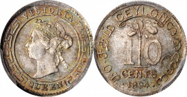 CEYLON

CEYLON. 10 Cents, 1894. London Mint. Victoria. PCGS MS-66 Gold Shield.

KM-94. Tied for the finest certified for the date, and just one fi...