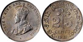 CEYLON

CEYLON. 25 Cents, 1921-B. Bombay Mint. NGC MS-63.

KM-105a. A radiant and highly charming minor, this choice, argent specimen dazzles the ...