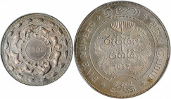 CEYLON

CEYLON. 5 Rupees, 1957. PCGS PROOF-64 Gold Shield.

KM-126. Mintage: 1,800. Struck to celebrate 2,500 years of Buddhism. Deep gray in colo...
