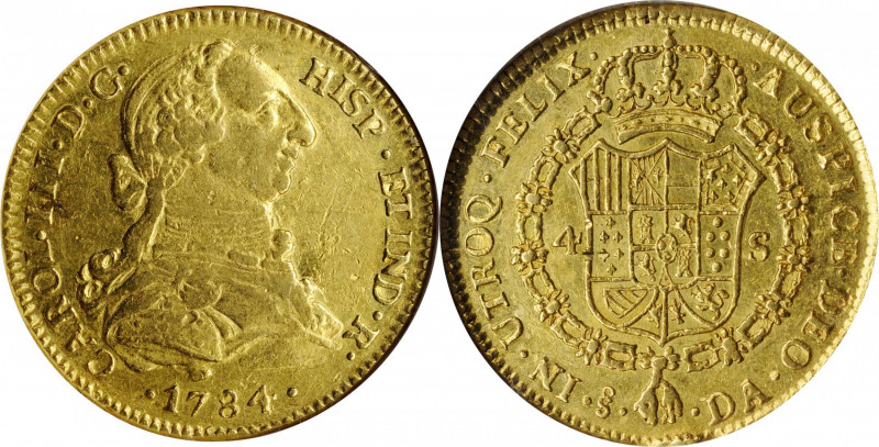 CHILE

CHILE. 4 Escudos, 1784-So DA. Santiago Mint. Charles III. NGC AU-50.
...