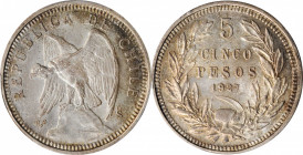 CHILE

CHILE. 5 Pesos, 1927-So. Santiago Mint. PCGS MS-64 Gold Shield.

KM-173.2. Variety with narrow 5 and "0,9". A charming one-year type, this ...