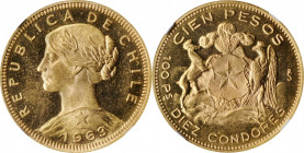 CHILE

CHILE. 100 Pesos, 1963-So. Santiago Mint. NGC MS-63★.

Fr-54; KM-175. AGW: 0.5885 oz. An extremely vibrant and lustrous example of this alw...