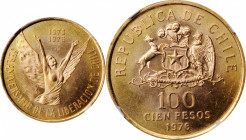 CHILE

CHILE. 100 Pesos, 1976-So. Santiago Mint. NGC MS-65.

Fr-62; KM-213. Mintage: 2,900. AGW: 0.5874 oz. A dazzling and vibrant Gem, this well ...