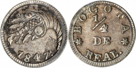 COLOMBIA

COLOMBIA. 1/4 Real, 1847. Bogota Mint. PCGS AU-50 Gold Shield.

KM-90.1; Restrepo-172.21a. Variety with large date and six-pointed stars...
