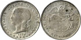 COLOMBIA

COLOMBIA. 5 Decimos, 1884/3-M. Medellin Mint. PCGS AU-55 Gold Shield.

KM-177.1; Restrepo-298.11. Overdate variety. A SCARCE variety ema...