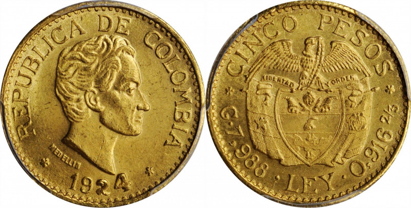 COLOMBIA

COLOMBIA. 5 Pesos, 1924. Medellin Mint. PCGS MS-65 Gold Shield.

F...