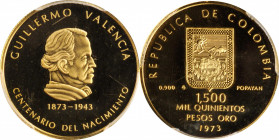 COLOMBIA

COLOMBIA. 1500 Pesos, 1973. Popayan Mint. PCGS PROOF-66 Deep Cameo.

Fr-134; KM-256. AGW: 0.2488 oz. Celebrating the centennial of the b...