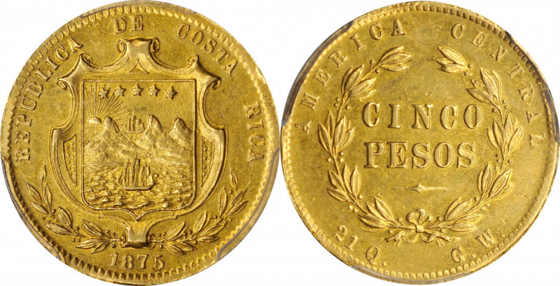 COSTA RICA

COSTA RICA. 5 Pesos, 1875-GW. San Jose Mint. PCGS AU-58 Gold Shiel...