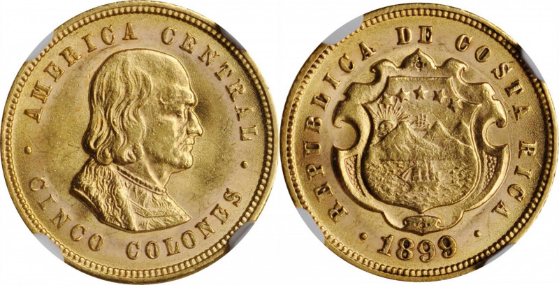 COSTA RICA

COSTA RICA. 5 Colones, 1899. Philadelphia Mint. NGC MS-63.

Fr-2...
