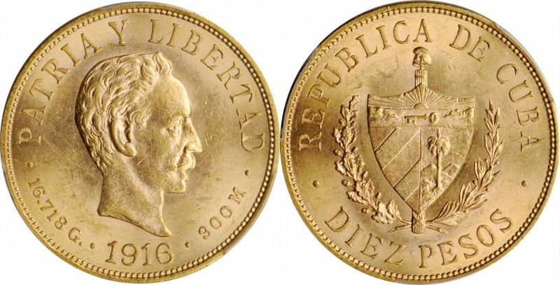 CUBA

CUBA. 10 Pesos, 1916. Philadelphia Mint. PCGS MS-62 Gold Shield.

Fr-3...