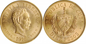 CUBA

CUBA. 10 Pesos, 1916. Philadelphia Mint. PCGS MS-62 Gold Shield.

Fr-3; KM-20. Quite vibrant and alluring, this shimmering, near choice spec...