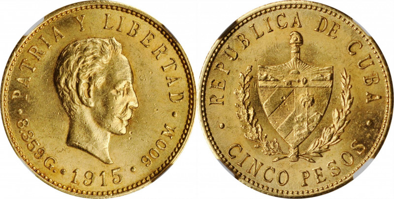 CUBA

CUBA. 5 Pesos, 1915. Philadelphia Mint. NGC MS-62.

Fr-4; KM-19. AGW: ...